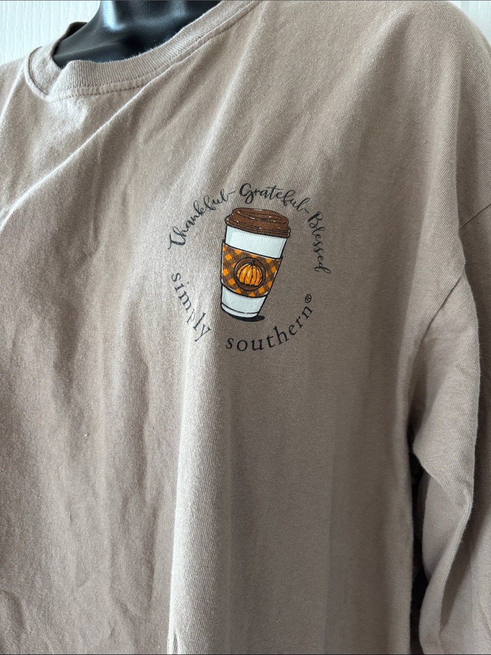 Simply Southern Taupe Long Sleeve with Pumpkin Coffee Cup Graphic - Picture 2 of 3
